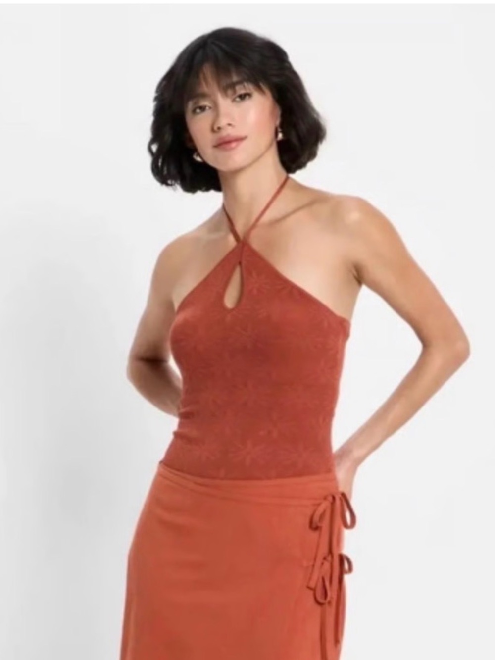 Halter Keyhole Knit Bodysuit in Rust - Women